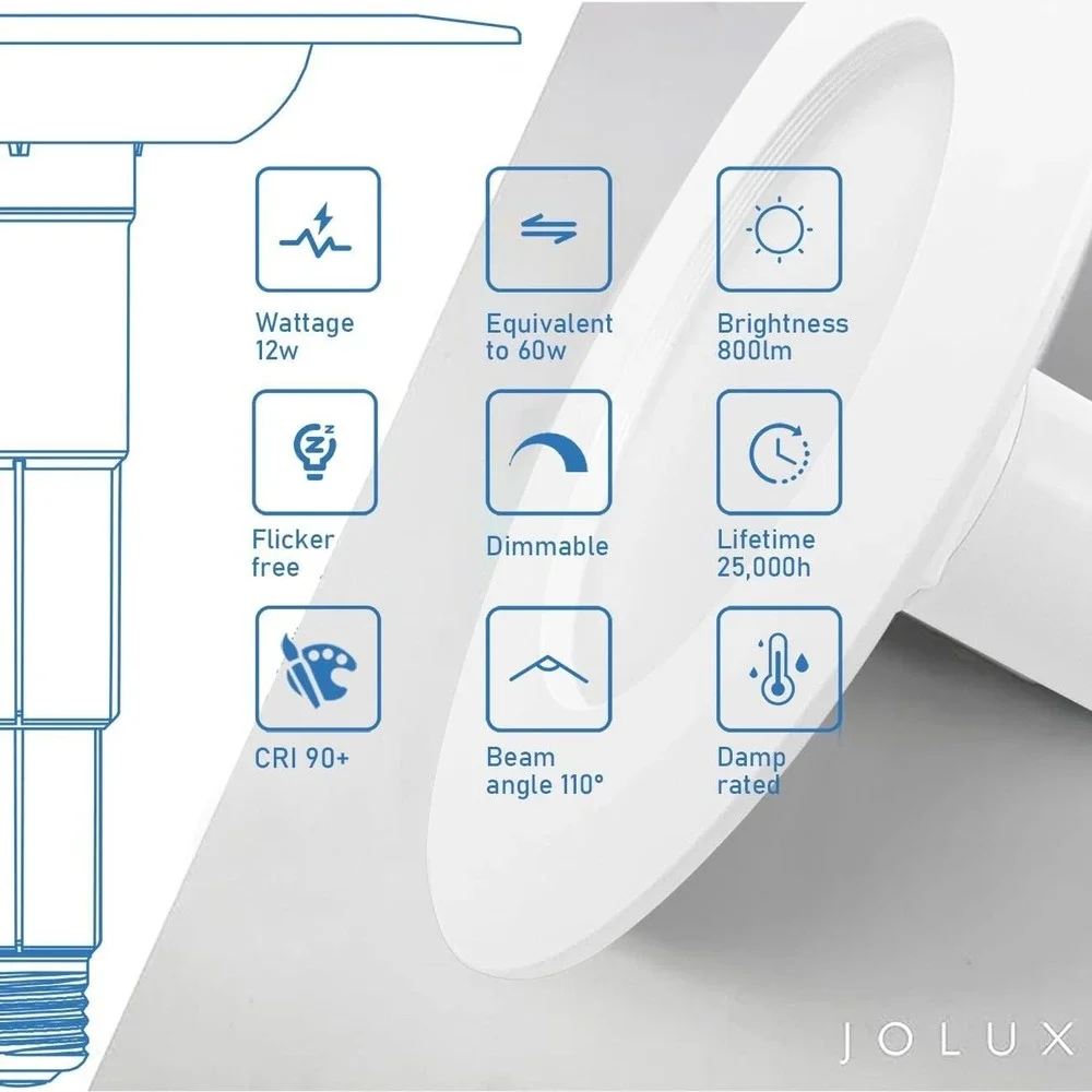 Jolux 5/6in LED Recessed Light 5CCT Dimmable E26 Retrofit 12 Pack Flat Trim